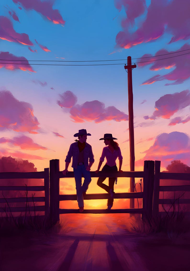 May include: A couple in cowboy hats stand on a wooden fence, looking at each other against a vibrant sunset sky.