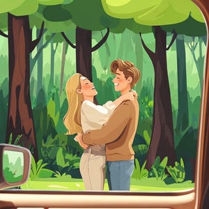 May include: A couple embraces in a lush green forest setting. The man is wearing a brown sweater and blue jeans, while the woman is wearing a white shirt and beige pants. They are both smiling and looking at each other.