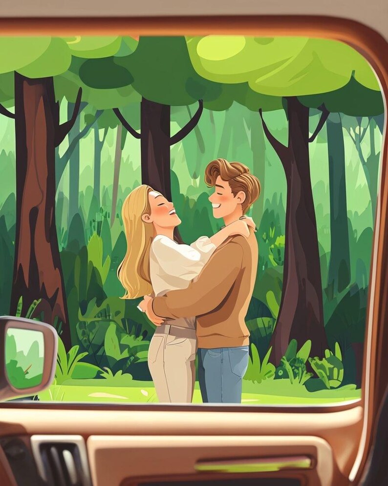 May include: A couple embraces in a lush green forest setting. The man is wearing a brown sweater and blue jeans, while the woman is wearing a white shirt and beige pants. They are both smiling and looking at each other.