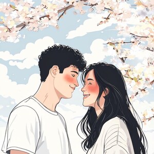 May include: A couple is standing close together, looking at each other with smiles on their faces. They are standing in front of a tree with pink blossoms. The man is wearing a white t-shirt and the woman is wearing a white sweater.
