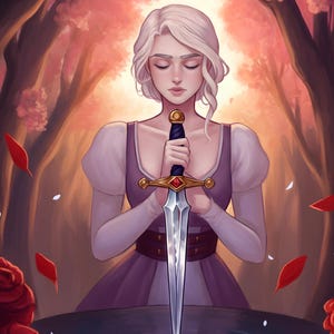May include: Digital illustration of a woman with white hair, wearing a purple dress, holding a sword. The sword is silver with a gold hilt and a red gem. The background features a forest with red leaves and roses.