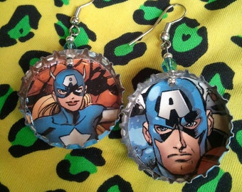 Captain America Bottle Cap Earrings, Avengers, Marvel Comics, Shannon Carter, Jack Kirby, Steve Rogers