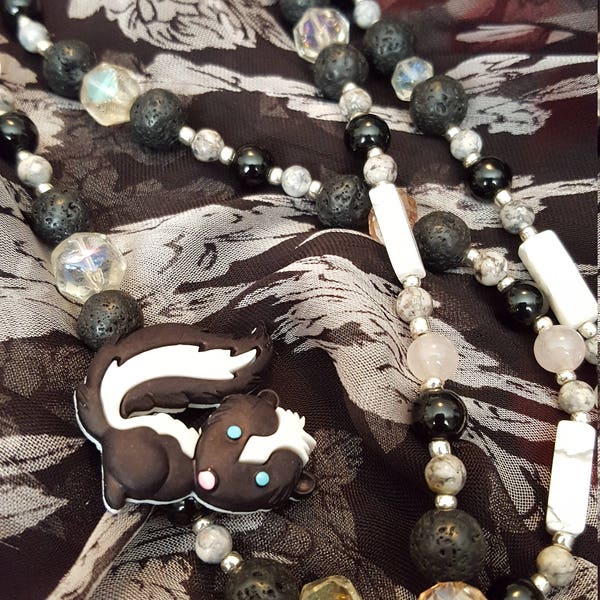 Skunk Necklace, Glamorous, Long Strand, Black & White