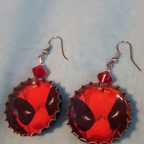 Deadpool Bottle Cap Earrings, Marvel Comics, Wade Winston Wilson, Ryan Reynolds