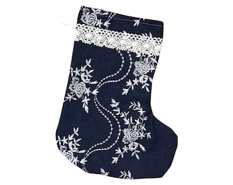 Christmas Stocking, Denim and Lace Boho Stocking