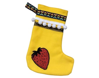 Christmas Stocking, Yellow, Strawberry, And Lace Boho Stocking