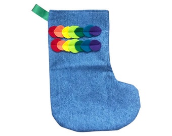 Christmas Stocking, Denim and Rainbow Boho Stocking