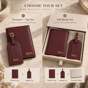 May include: A burgundy passport cover and luggage tag set with the name ELLA embossed in gold. The set is available as a standalone pair or inside a premium gift box. The text CHOOSE YOUR SET and product details are visible in the image.