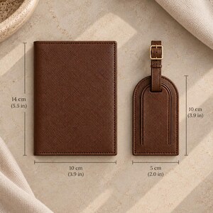 May include: A brown passport holder measuring 5.5 inches by 3.9 inches and a matching brown luggage tag measuring 3.9 inches by 2.0 inches. Both items feature a textured finish and the luggage tag includes a gold-toned metal buckle.