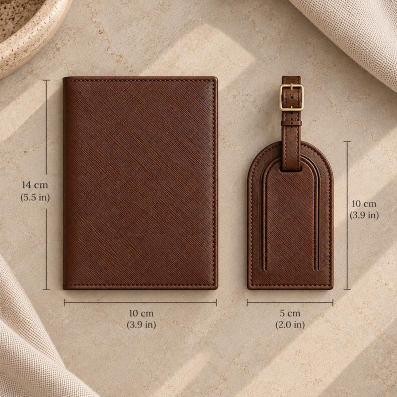 May include: A brown passport holder measuring 5.5 inches by 3.9 inches and a matching brown luggage tag measuring 3.9 inches by 2.0 inches. Both items feature a textured finish and the luggage tag includes a gold-toned metal buckle.