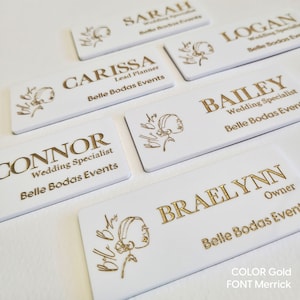 WHITE Badge with Pin-on in Engraved Lettering