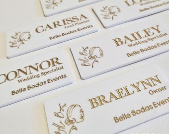 WHITE Badge with Pin-on in Engraved Lettering