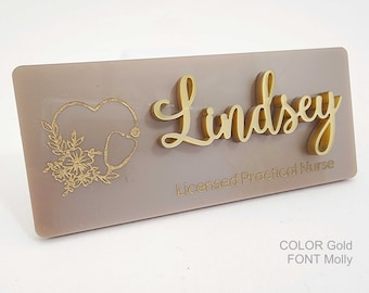 New! TAUPE Badge with PIN-ON in Raised Lettering