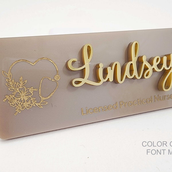 New! TAUPE Badge with PIN-ON in Raised Lettering