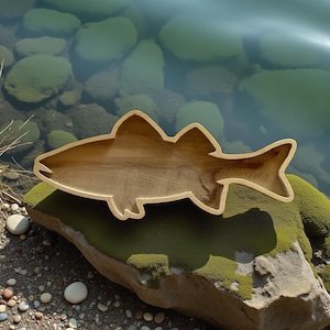 May include: A wooden fish-shaped serving tray with a natural wood grain finish. The tray is resting on a moss-covered rock near a body of water. The tray's design is a stylized outline of a fish.