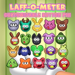 May include: A set of 18 customizable button pins featuring various cartoon characters with different expressions. Each pin has a number on it, ranging from 13 to 140. The pins are arranged in a grid pattern on a green and white striped background.