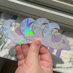 Kitty Dreamland Sticker | 3 Inches | Vinyl Die Cut | Sleepy Cute Cats | Kitty Decal | Night, Moon | Holographic Variations | Aesthetic Gifts