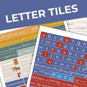 May include: A set of colorful letter tiles with 182 letters and 27 phonics tags. The tiles are arranged in a grid pattern with different vowel and consonant teams. The tiles are labeled with words like "Closed", "Bossy R", and "Vowel Team".