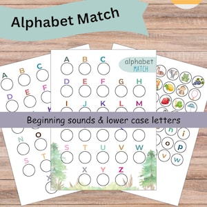 May include: Three printable alphabet matching worksheets with colorful circles and letters. The first worksheet has uppercase letters A through M. The second worksheet has lowercase letters N through Z. The third worksheet has pictures of various objects to match to the letters.