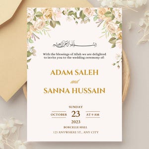 Invito a nozze color crema, invito digitale musulmano Nikah, biglietto di nozze islamico personalizzato, modello di matrimonio musulmano stampabile, elegante biglietto floreale