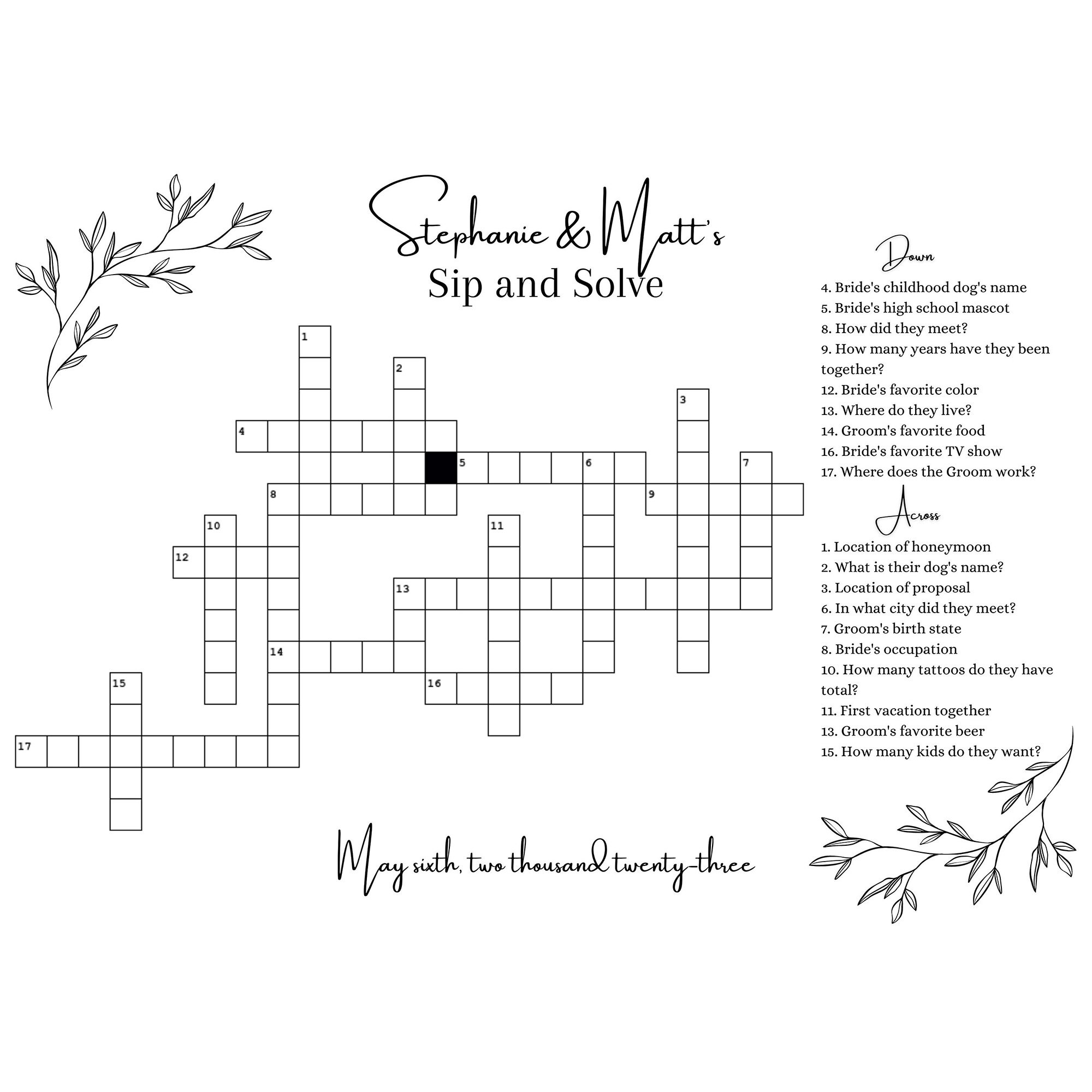 Custom Dry Erase Wedding Crossword Sip and Solve Large Print 38x26 Custom Dry Erase Wedding Crossword Sip and Solve Large Print 38x26