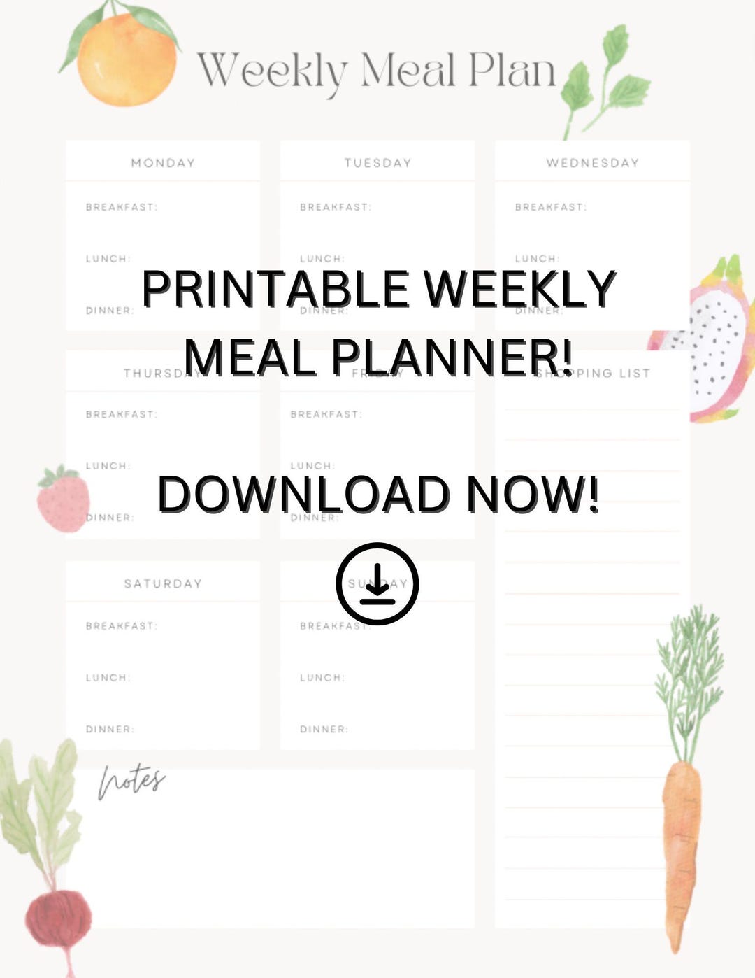 Printable Weekly Meal Planner and Shopping List, Meal Prep, Shopping ...