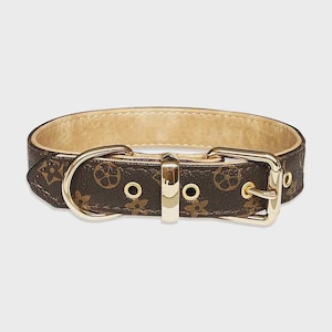 May include: Brown dog collar with a gold-colored buckle and hardware. The collar features a repeating pattern of brown logos on the exterior and a tan interior. The collar is designed for a pet.