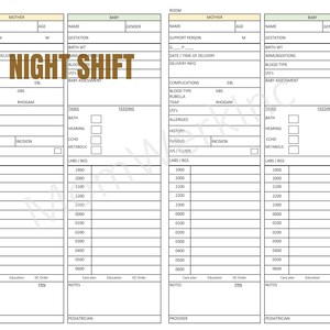 May include: A detailed medical form for mother and baby, with sections for name, age, gestation, and medical history. The form includes the text "NIGHT SHIFT" and is designed for recording vital information.