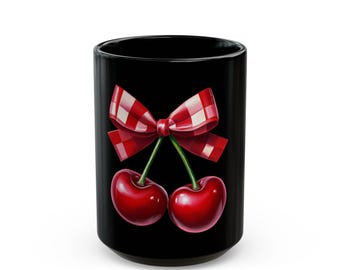 Cherry Pair with Gingham Bow Mug | Black Ceramic Coffee Cup