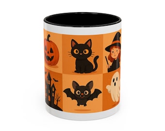 Halloween-Themed Accent Coffee Mug, Cute Cat, Witch, Ghost Design, Perfect for Fall Decor, Gift for Witch Lovers, Spooky
