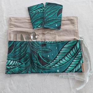 Fabric Utensil Roll / Travel Cutlery Set for Lunchbox, Car, Camping - Tropical Vine Print