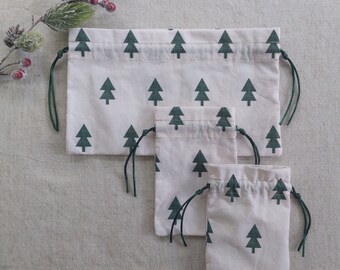 Reusable Holiday Gift Bag Set (3 bags) - Wrapping Paper Alternative - Fabric Gift Bags - Minimalist Evergreen Trees