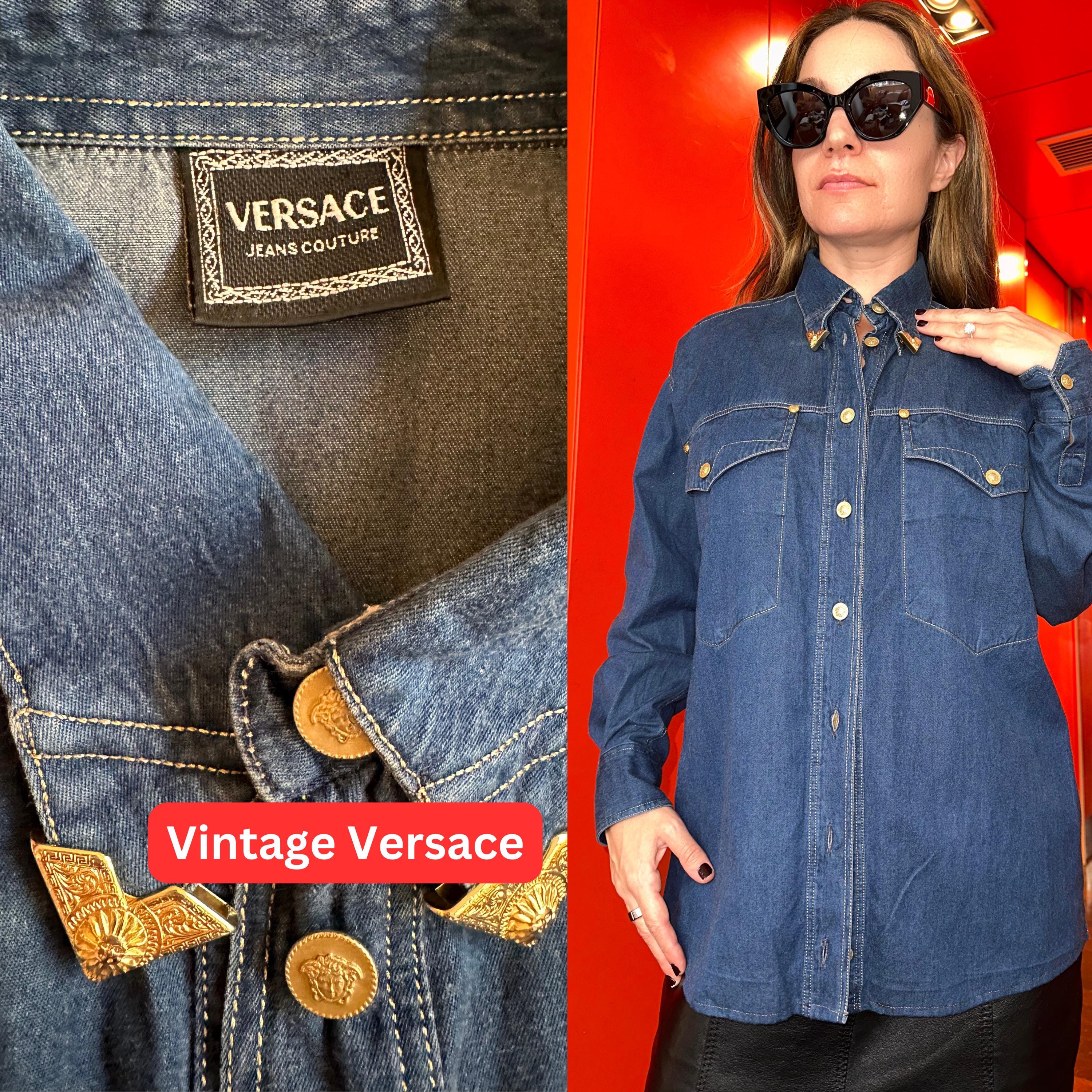 Vintage Versace Denim Shirt Jacket: Italian Medusa Head, Y2K Style