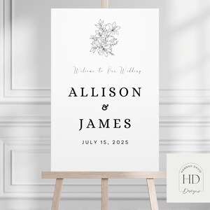 Plaque de bienvenue de mariage personnalisée : design floral minimaliste moderne