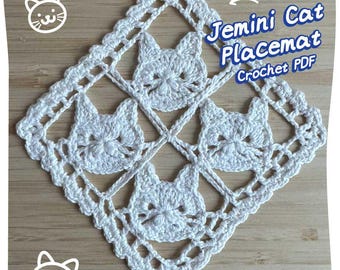 Crochet Jemini Cat Placemat Pattern - (granny squares, colored step by step English PDF with charts)