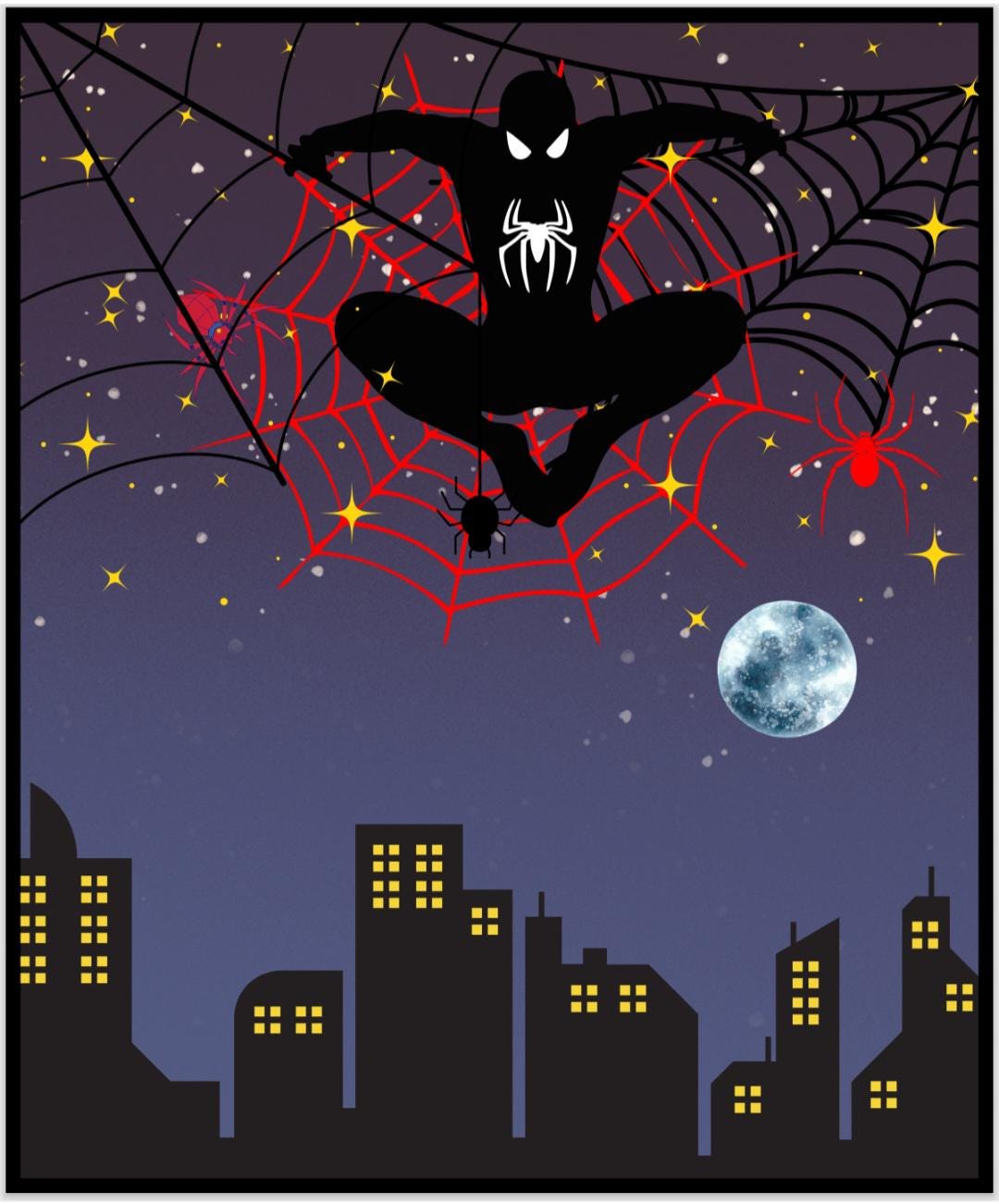 Animated Spiderman Swinging About the City on a Dark Night Leaving Webs ...