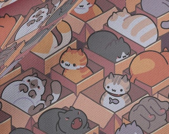 Cats in Boxes, Japanese Oxford Fabric for Sewing, Crafting, Dressmaking, 58" Digitally Printed