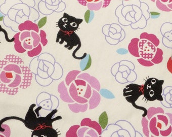 Black Cats and Roses - Made in Japan Cotton Fabric for Sewing, Crafting, Home Decor By The Yard