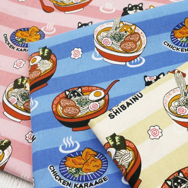 Tissu imprimé cuisine japonaise - ramen shiba inu - tissu imprimé estival - gros quart ou demi-mètre
