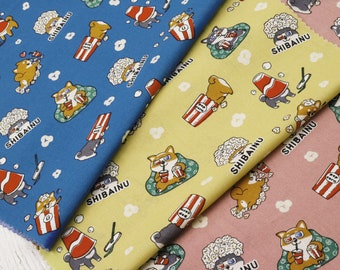 Japanese Cotton Fabric for Dresses, Shirts, Aprons, Bucket Hats, Pouches, Bags, Shiba Inu at the Cinema