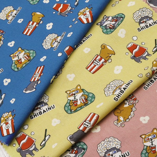 Japanese Cotton Fabric for Dresses, Shirts, Aprons, Bucket Hats, Pouches, Bags, Shiba Inu at the Cinema