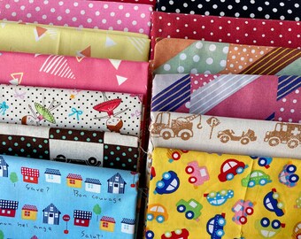 Destash Fabric - Dots and Kawaii Shapes - Fabric Scraps Grab Bag - Destash Japanese Cotton Fabric, Linen Fabric, Cotton Linen Blend