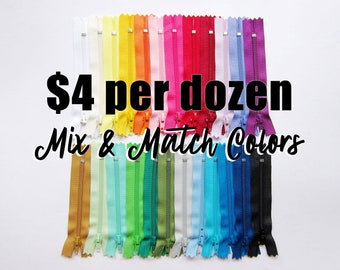 12 YKK Zippers - Mix and Match From 54 Colors - Nylon Zips in 4" to 22" for Sewing and Crafting