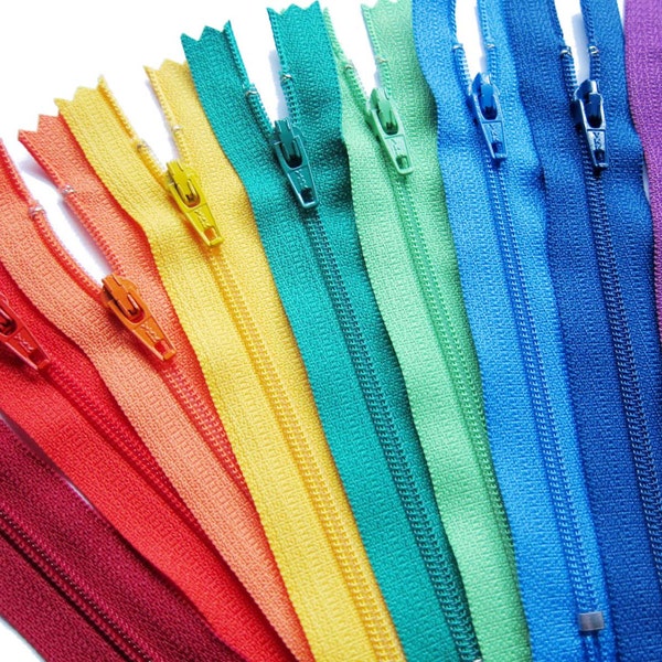 Rainbow Sampler Pack Set of 10 Colors - YKK Nylon Zippers for Sewing and Crafting in 4" to 22"