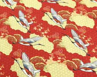 Red Crowned Cranes on Japanese Oxford Cotton for Sewing, Crafting, Dressmaking 58"
