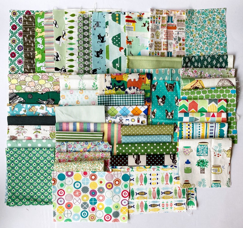 Green Fabric Scraps Grab Bag Destash Japanese Cotton Fabric, Linen Fabric, Cotton Linen Blend image 1