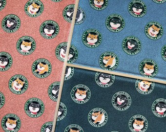 Coffee Logo Shiba Inu - Japanese Cotton Fabric for Sewing, Crafting, Pet Clothing, Pet Accessories