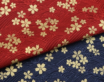 Golden Cherry Blossoms on Waves - Japanese Cotton Traditional Seigaiha for Sewing, Crafting, Dressmaking