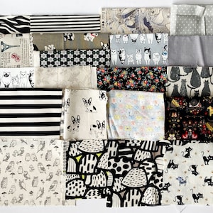 Schwarz / Grau Stoffreste Grab Bag - Destash Japanischer Baumwollstoff, Leinenstoff, Baumwolle-Leinen-Mischung