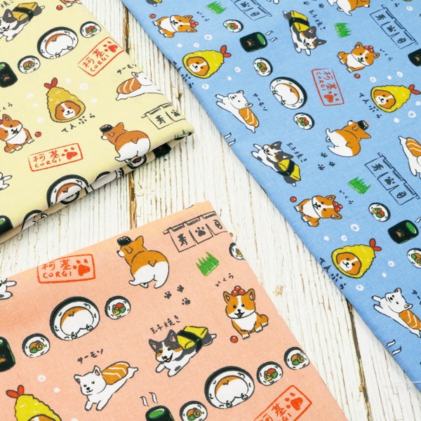 Corgi Japanese Food Print Fabric for Sewing, Crafting, Dressmaking